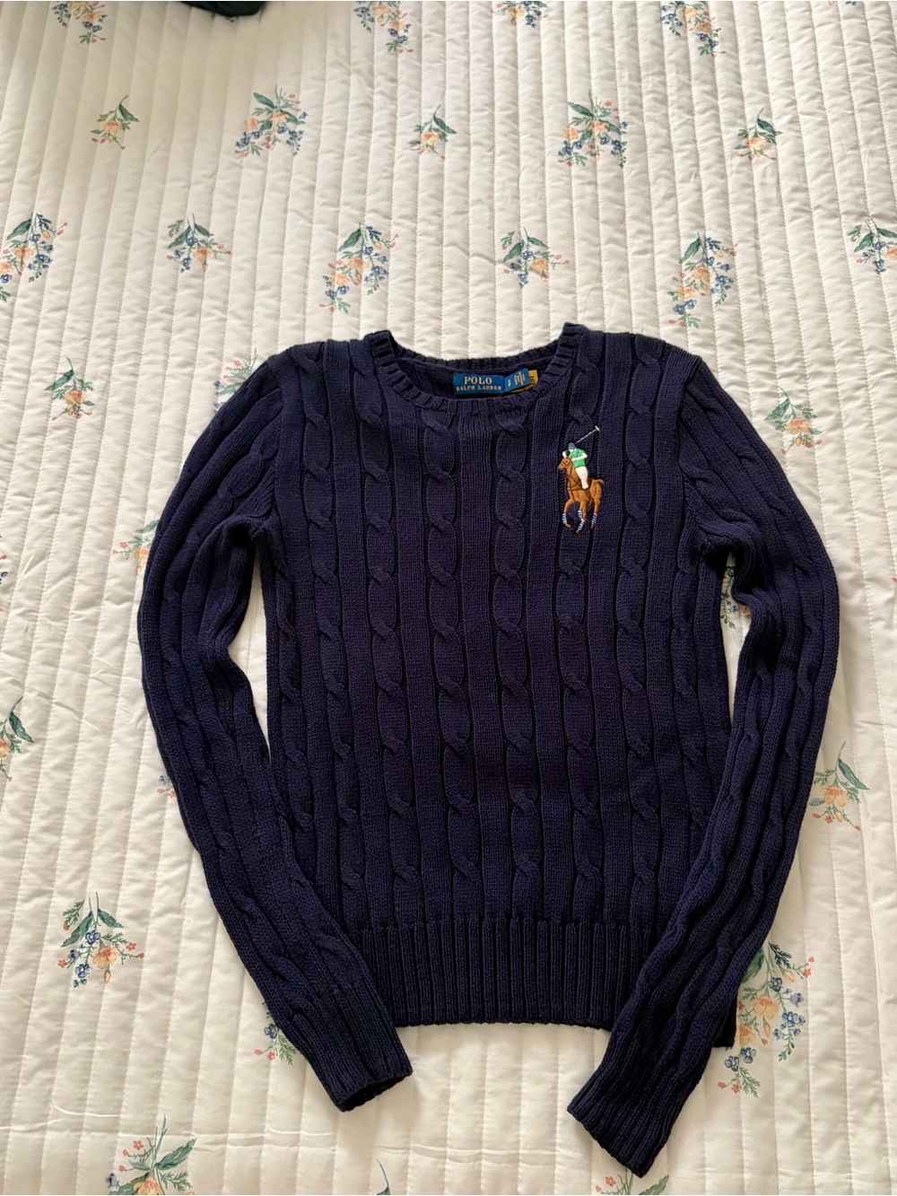 Ralph Lauren Navy Cable-Knit Crewneck Pina Cotton top with Pony logo size S